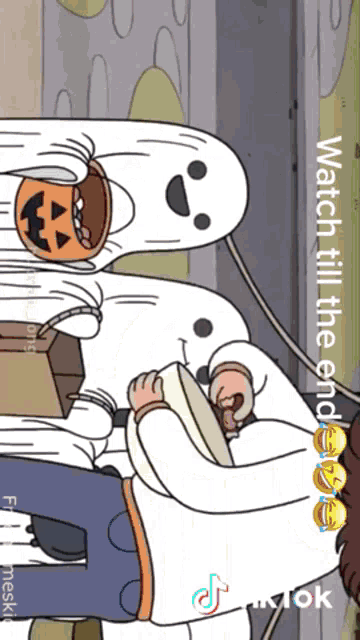 a cartoon character with a pumpkin in his mouth and the words watch till the ending on the bottom