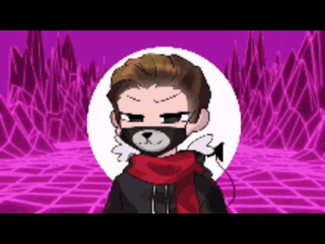 a pixel art of a man wearing a teddy bear mask and scarf