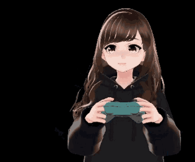 a girl in a black hoodie is holding a game controller