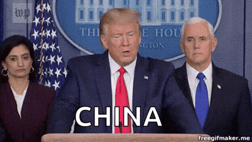donald trump is giving a speech at a podium with the word china written on it