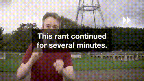a man in a red shirt stands in front of a sign that says " this rant continued for several minutes "