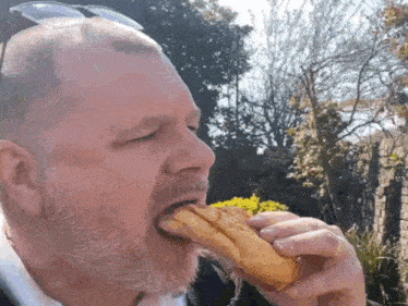 a man with a beard and sunglasses is eating a sandwich outside