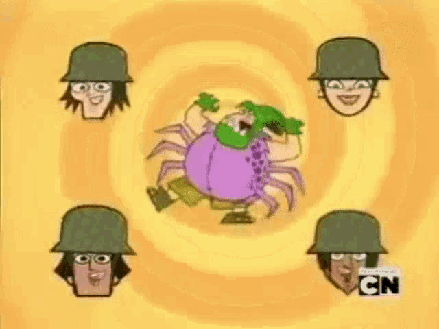 a group of cartoon characters wearing military hats are standing around a purple monster .
