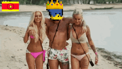 a man with a crown on his head is walking with two women on the beach