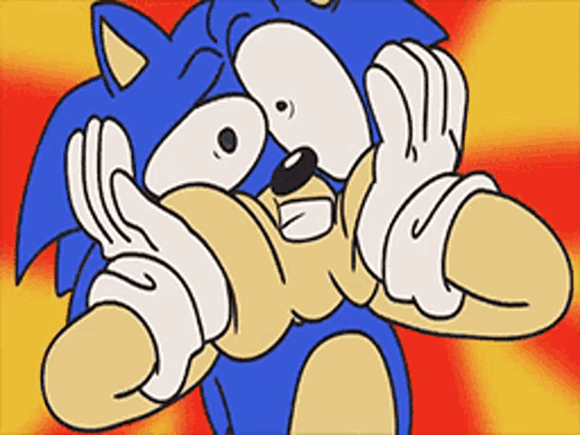 a cartoon of sonic the hedgehog covering his eyes with his hands .