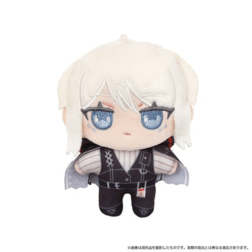 a stuffed doll with white hair and blue eyes is standing on a white surface