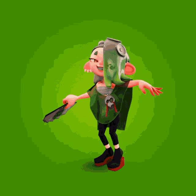 a green cartoon character is holding a fan in her right hand