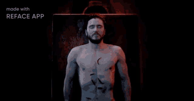 a shirtless man with a beard is making a funny face with the words `` i 'm here '' behind him .