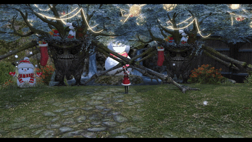 a girl in a santa outfit stands in front of a tree