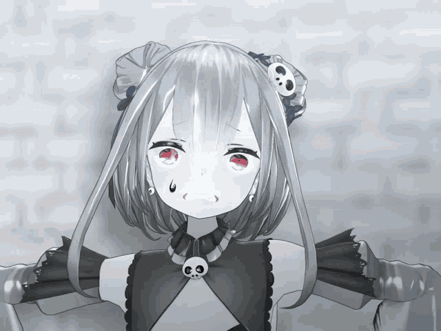 a black and white drawing of a girl with red eyes and a skull necklace