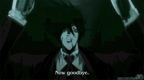 a man in a suit and tie is holding a gun and saying " now goodbye "