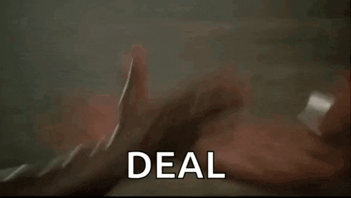 two men are arm wrestling and the word deal is visible in the corner .