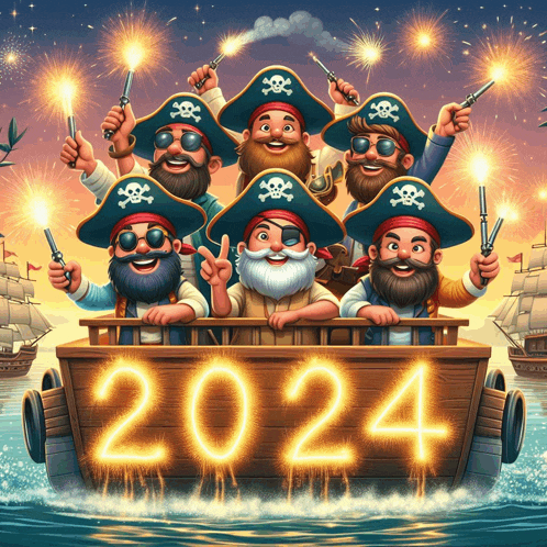 a group of pirates in a boat with the year 2024 written in lights