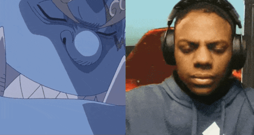 a man wearing headphones is next to a cartoon character