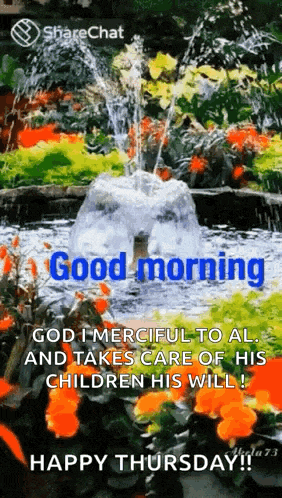 a good morning greeting card with a fountain and flowers .