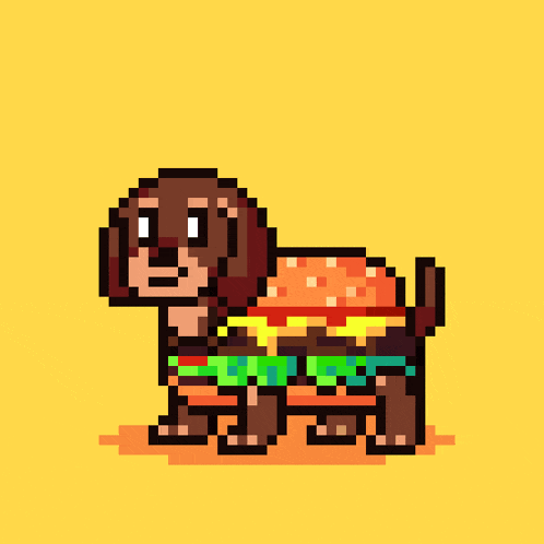 a pixel art of a dachshund dressed as a hamburger