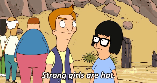 a cartoon says strong girls are hot in front of a group of men