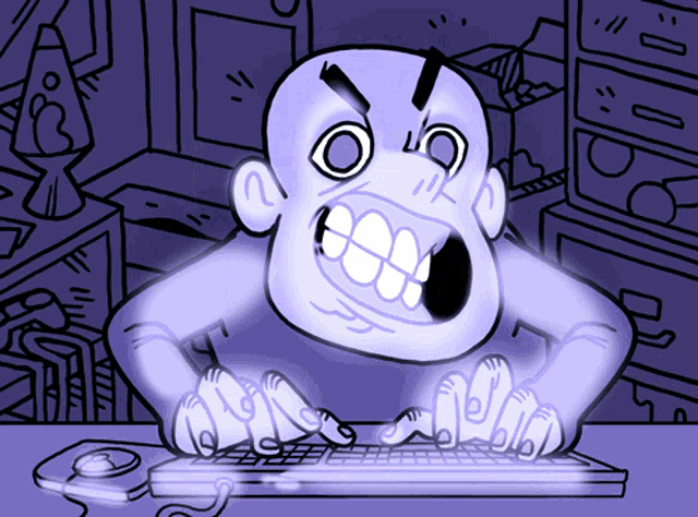 a cartoon of a man typing on a keyboard with his mouth open