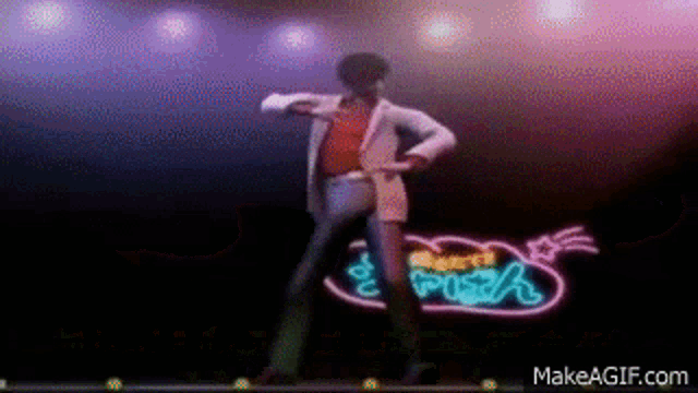 a man is dancing on a stage in front of a neon sign that says " heart rush "