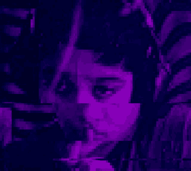 a pixel art of a woman 's face with a purple background