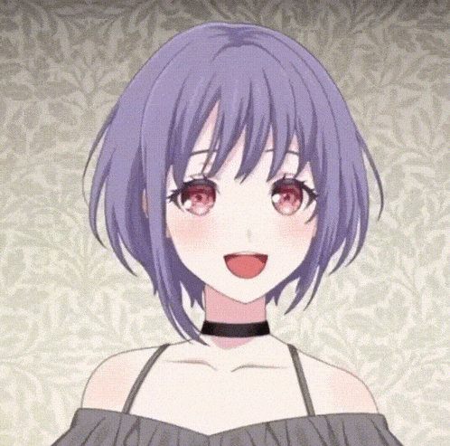 a girl with purple hair and red eyes is wearing a black choker