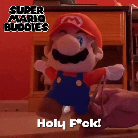 a person is holding a stuffed mario and says holy fuck