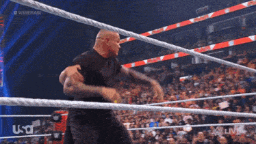 a man in a black shirt is in a wrestling ring with the hashtag #wweraw
