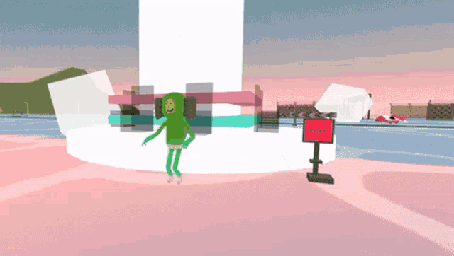 a cartoon character in a green hoodie stands in front of a play sign