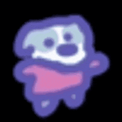 a purple ghost with a pink scarf around its neck is floating in the air on a black background .