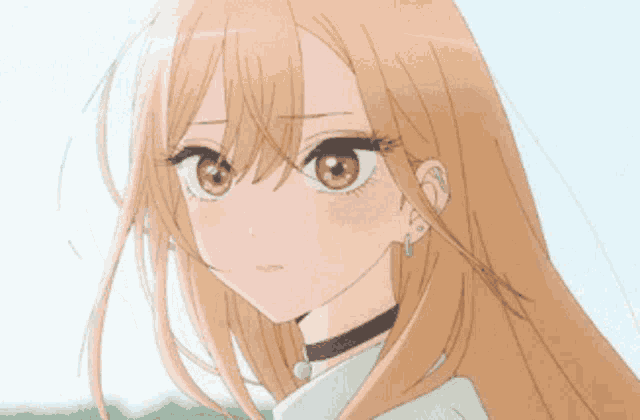 a close up of a girl with long hair and a choker around her neck