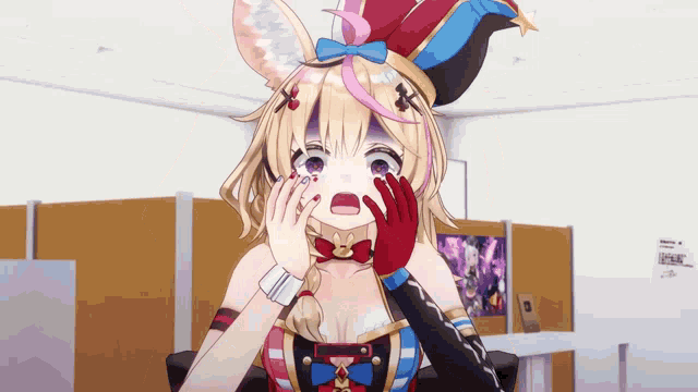 a 3d anime girl is covering her face with her hands .