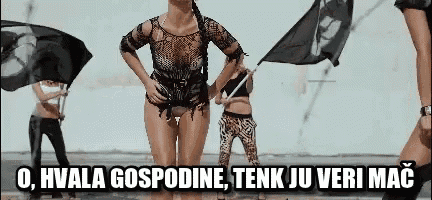 a woman in a bikini is holding a flag with the words o hvala gospodine tenk ju veri mac written below her