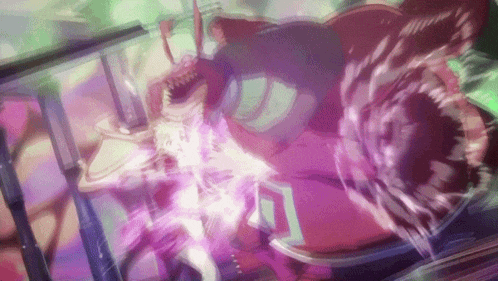 a cartoon character is being attacked by a monster in a purple and green background .