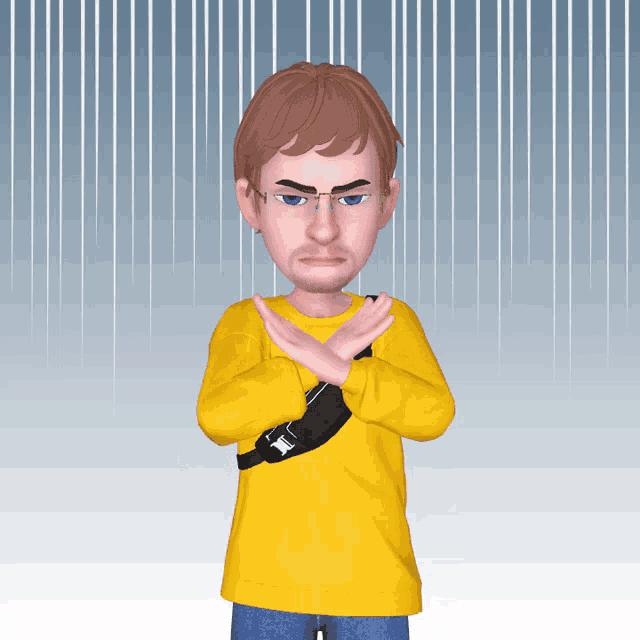 a cartoon man in a yellow shirt is making an x sign with his hands
