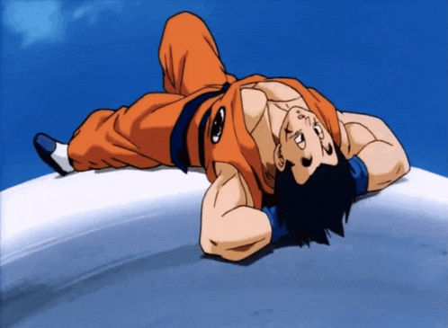 a cartoon of a man laying on his back with a blue sky in the background