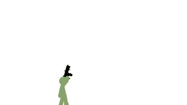 a green stick figure is holding a gun and shooting a yellow laser .