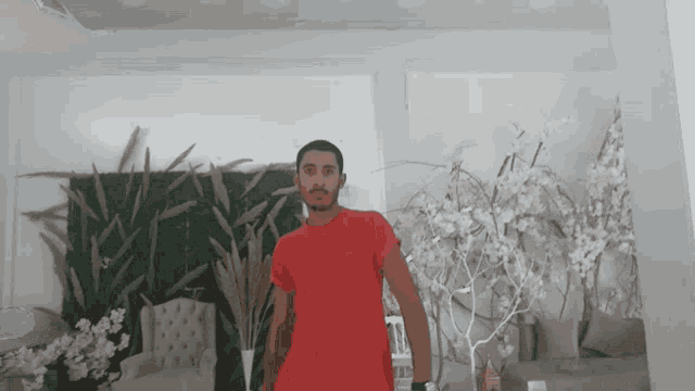 a man in a red shirt is standing in front of flowers