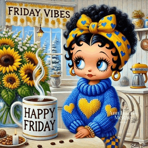 a painting of betty boop sitting at a table with a cup of coffee saying happy friday