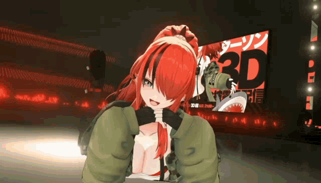 a girl with red hair is standing in front of a sign that says 3d on it