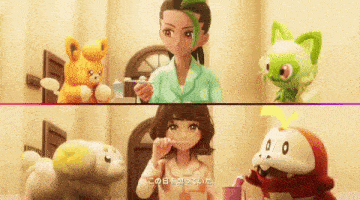 a cartoon of a girl brushing her teeth with a toothbrush in front of a stuffed animal
