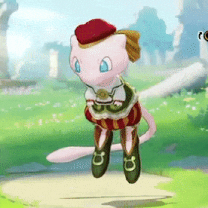 a pink pokemon wearing a red hat and pants is flying in the air .