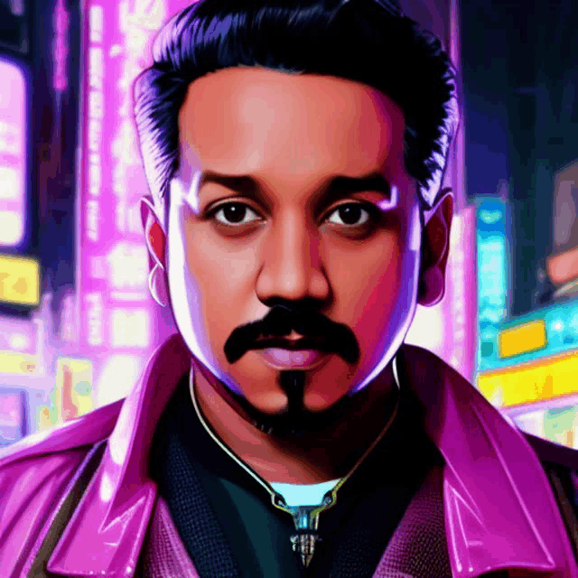 a man with a mustache is wearing a pink jacket and necklace