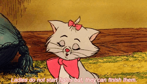 a cartoon of a cat with the words " ladies do not start fights but they can finish them " on the bottom