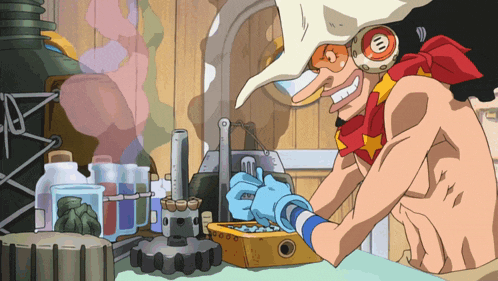 a cartoon of a shirtless man working on a device with the number 11 on his hat