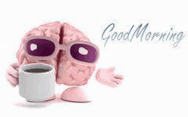 a brain with sunglasses is holding a cup of coffee .