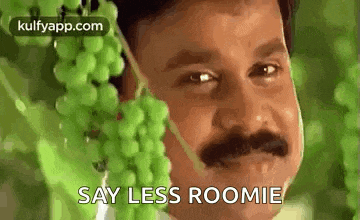 a man with a mustache is holding a bunch of grapes in his mouth .