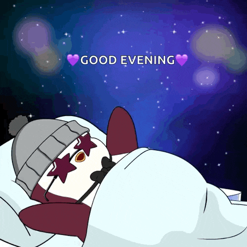 a cartoon of a penguin sleeping under a blanket with the words good evening above him