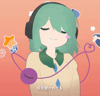 a girl with green hair is wearing headphones and has a purple circle around her ear