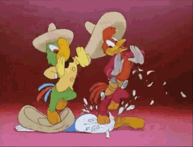 a couple of cartoon characters standing next to each other .