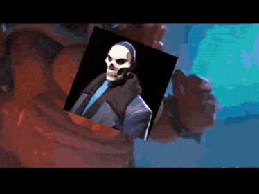 a picture of a skeleton in a suit is being held up by a person